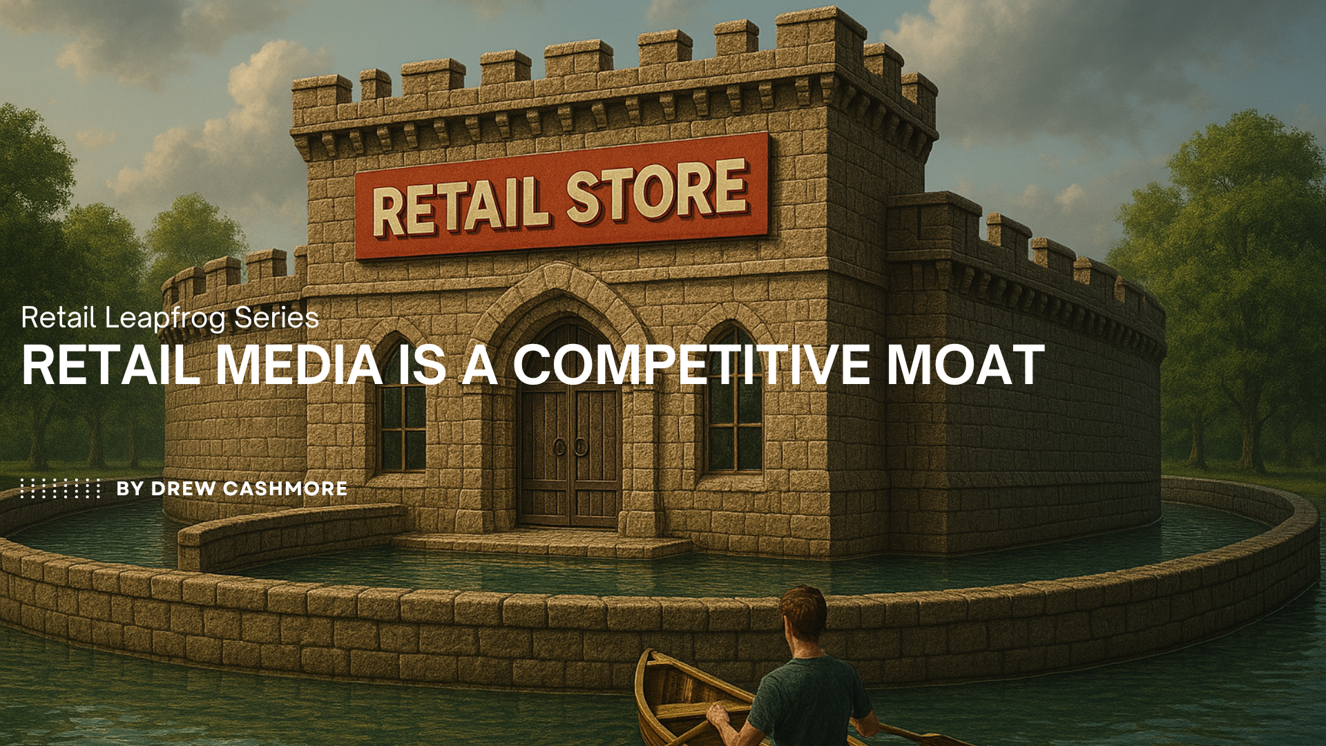 Retail Leapfrog Series — Retail Media is a Competitive Moat, by Drew Cashmore. A stone retail-store castle ringed by a water moat, with a person rowing a small boat toward it.