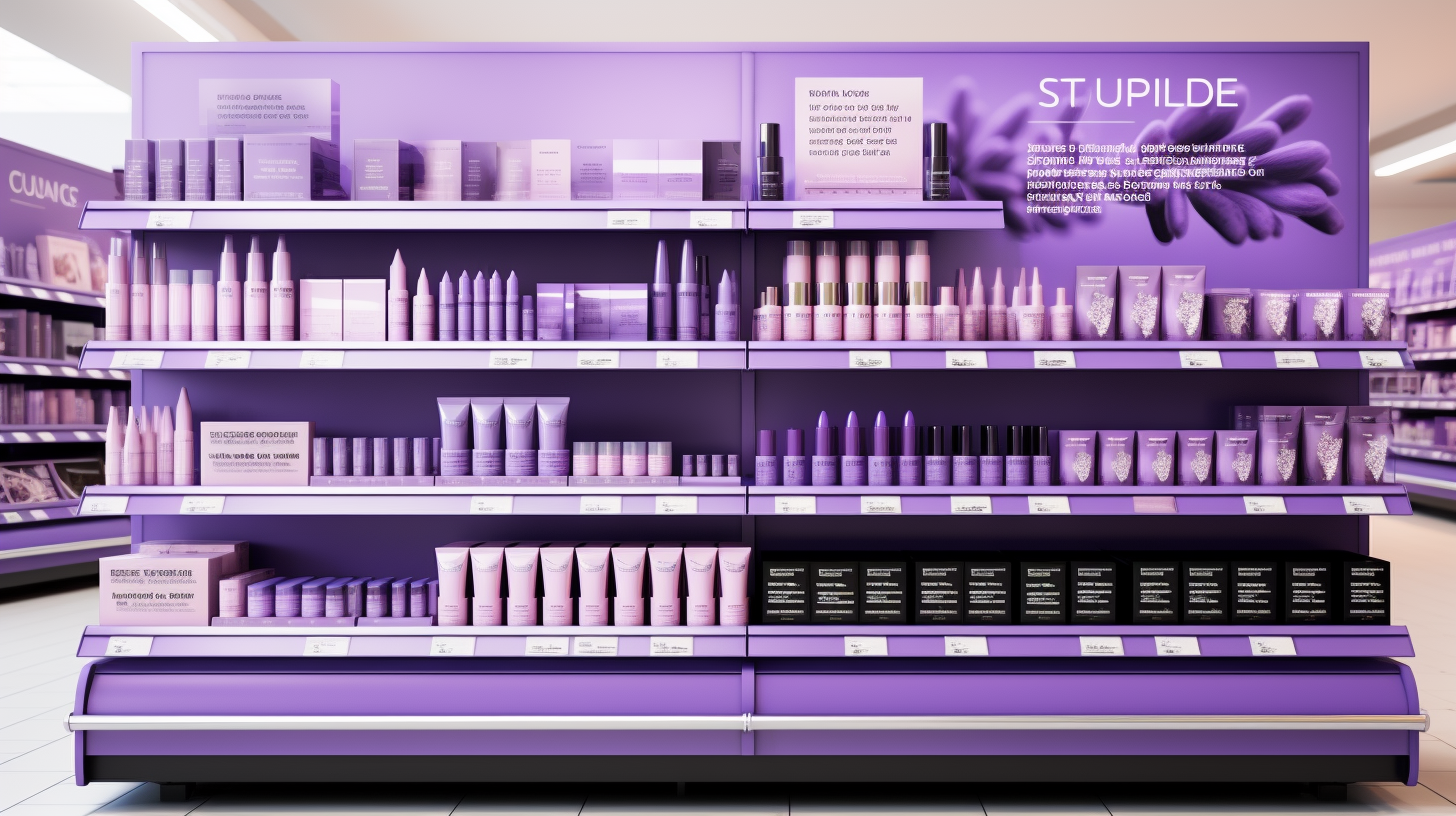 A purple branded retail shelf display filled with personal-care products, supplier signage and shelf talkers — shopper marketing opportunities sold to suppliers at the shelf.