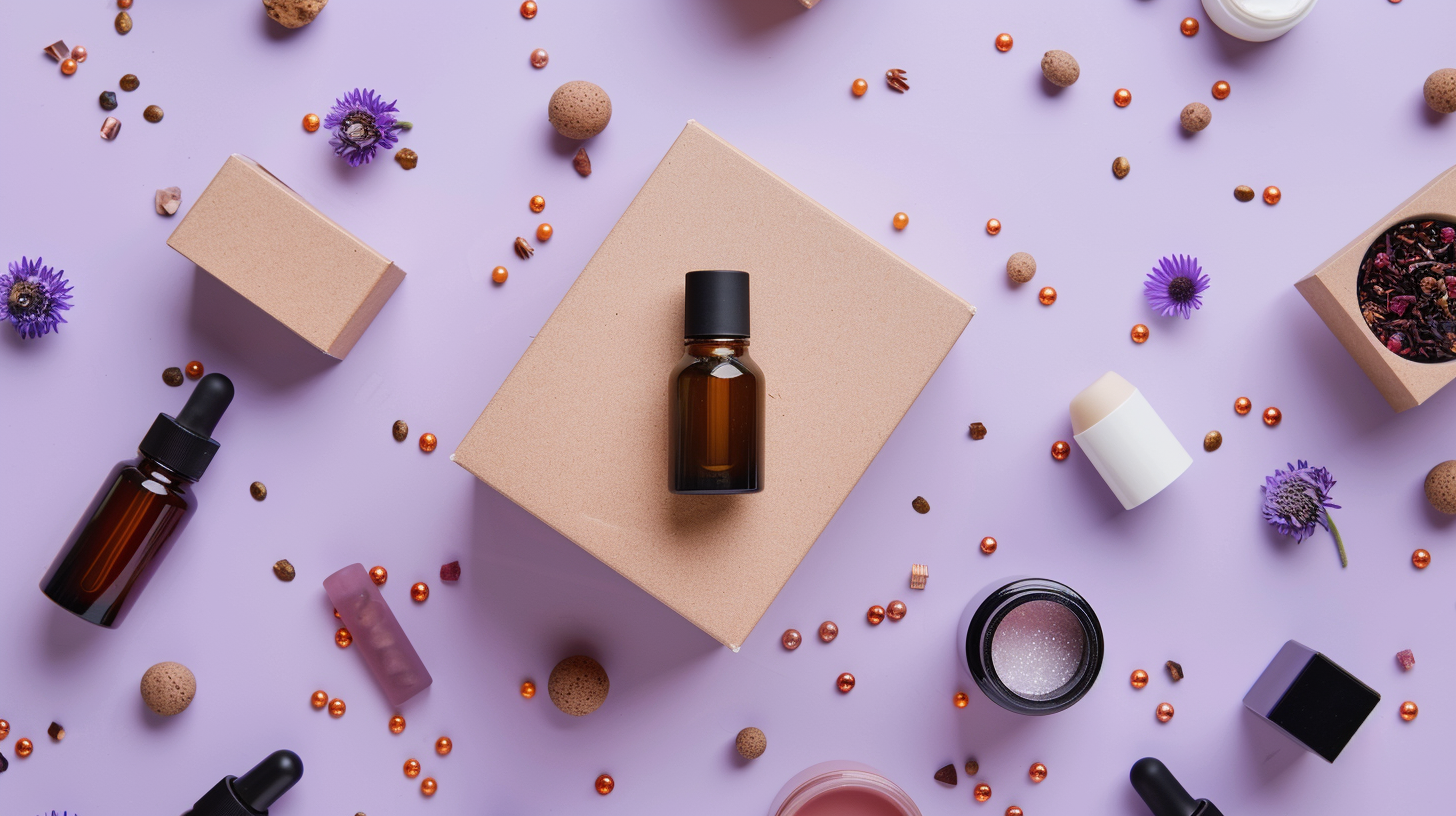 A flat-lay of at-home sampling products — amber dropper bottles, balms, and a kraft box surrounded by purple flowers and copper beads on a lilac background — an example of retail media that directly creates a delightful customer experience.