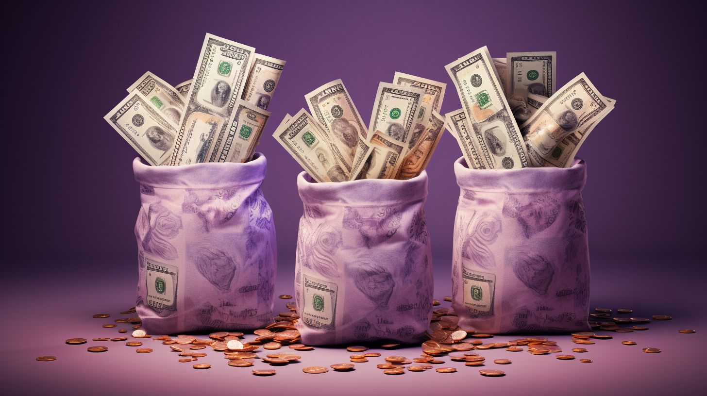 Three purple sacks overflowing with dollar bills, coins scattered around them on a purple background — trade, shopper and brand as three distinct buckets of money.