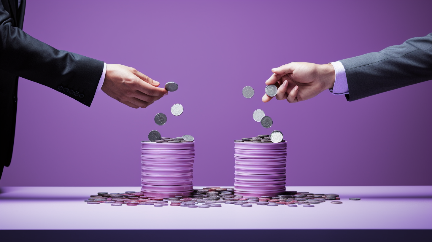 Two hands in business suits dropping silver coins onto two purple stacks of coins against a purple background — supplier and retailer jointly funding the retailer's growth.